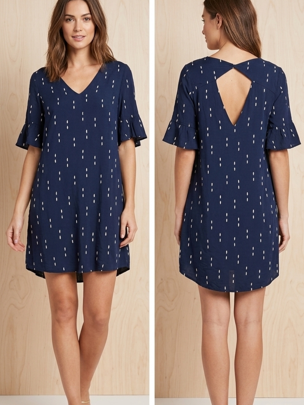 Gentle Fawn Navy Blue Printed V-Neck Shift Dress with Back Keyhole